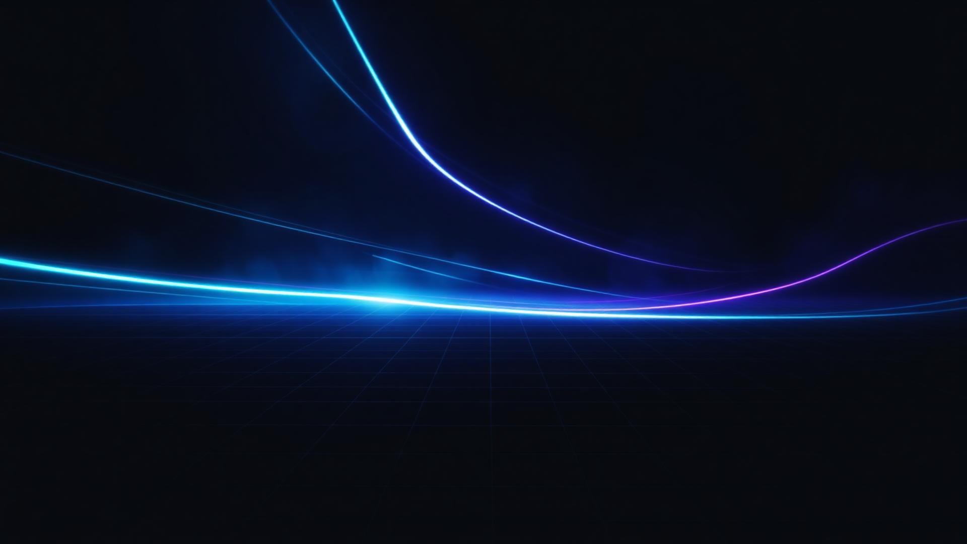Abstract neon light streaks over a dark grid